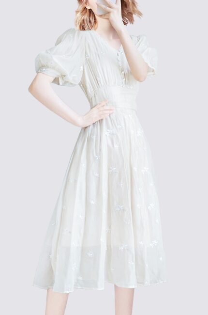MeetMetro Bubble Sleeve Embroidered Mesh Dress