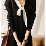 100% wool fashionable black and white contrasting small black dress