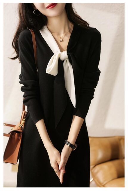 100% wool fashionable black and white contrasting small black dress
