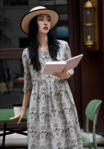 New Chinese style linen and mulberry silk floral dress