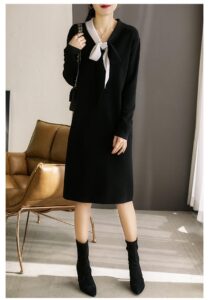 100% wool fashionable black and white contrasting small black dress