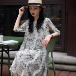 New Chinese style linen and mulberry silk floral dress
