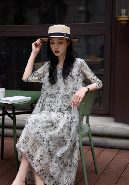 New Chinese style linen and mulberry silk floral dress