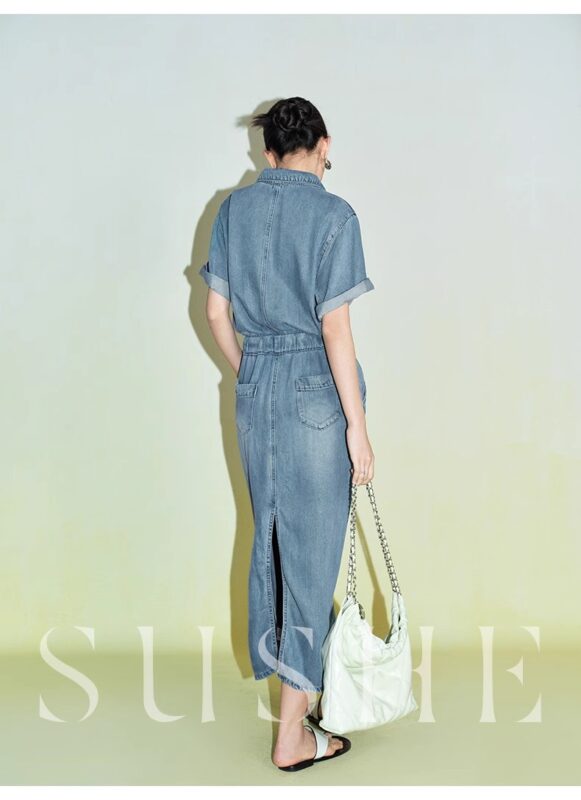 Sushe vestido vaquero de manga corta y recto
