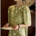 Bubble sleeve printed mulberry silk dress