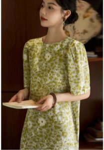 Bubble sleeve printed mulberry silk dress