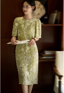Bubble sleeve printed mulberry silk dress