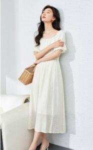 VIMLY French Elegant Lady Retro U-neck Dress