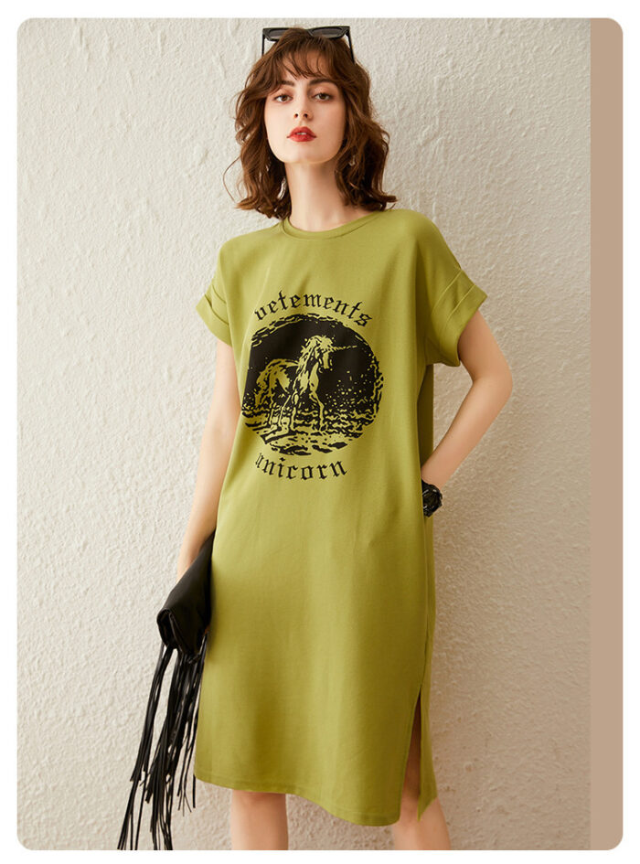 Vintage printed slit T-shirt dress