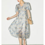 Xiashan tea printed waist cinching short sleeved silk dress
