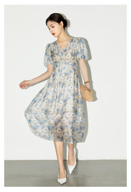 Xiashan tea printed waist cinching short sleeved silk dress