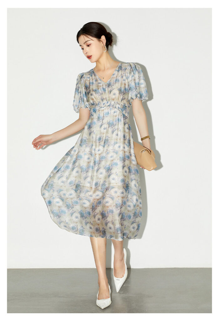Xiashan tea printed waist cinching short sleeved silk dress
