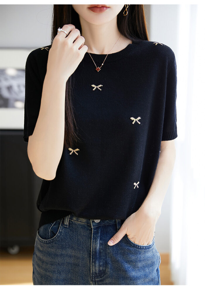 Summer New Fine Spinning Thin Knitted Short Sleeve T-shirt