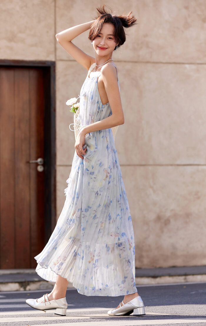 OUNIXUE printed chiffon camisole dress