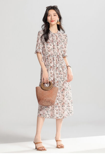 SAITU sweet floral silk dress made of mulberry silk