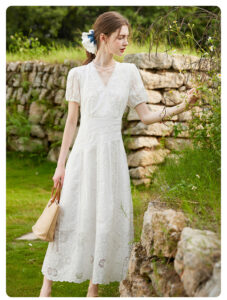 V-neck jacquard waist cinched long women's dress