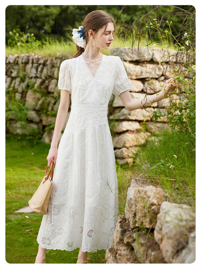 V-neck jacquard waist cinched long women's dress