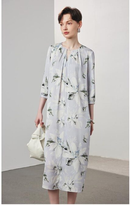 Elegant temperament large floral round neck dress