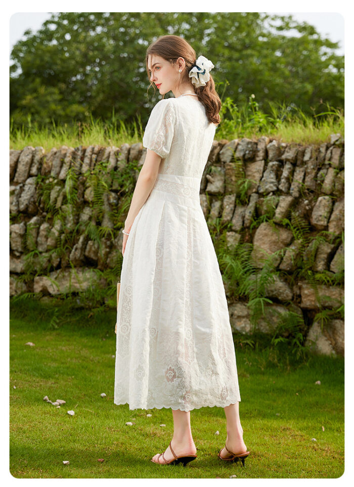 V-neck jacquard waist cinched long women's dress