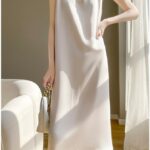 V-neck solid color satin dress