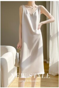 V-neck solid color satin dress