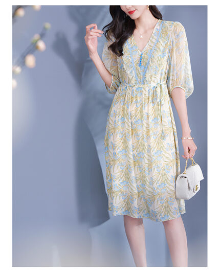 Black fungus edge V-neck silk dress with tie up dress