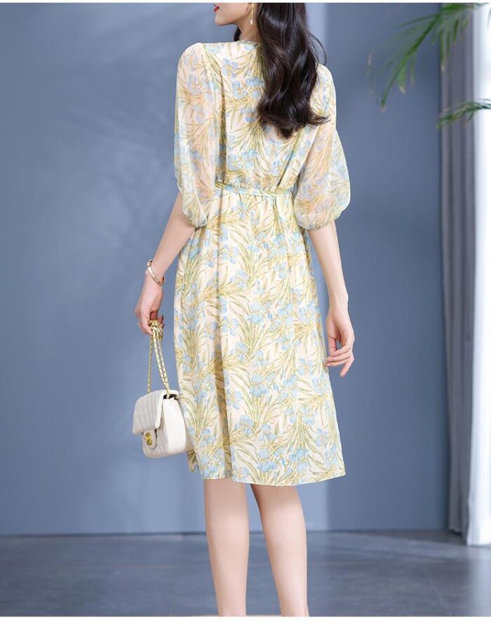 Black fungus edge V-neck silk dress with tie up dress