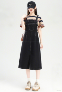 Front split denim overalls skirt