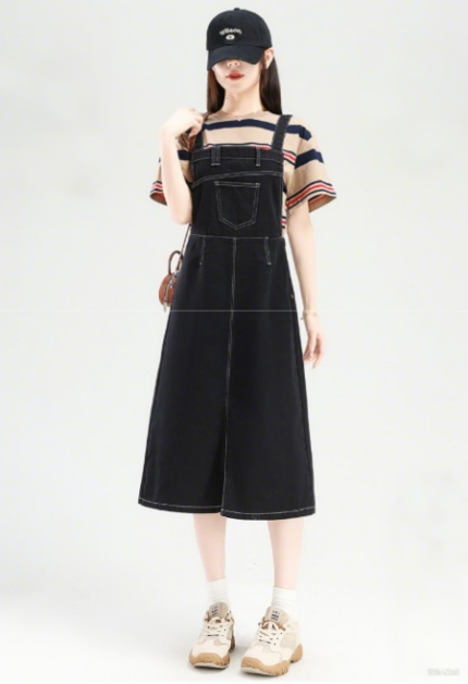 Front split denim overalls skirt