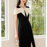 V-neck mid length small black dress for women