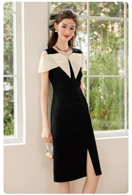 V-neck mid length small black dress for women