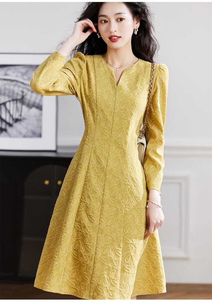 French V-neck Jacquard Dress