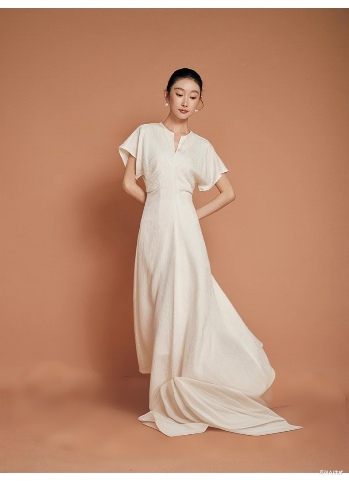V-neck long white dress