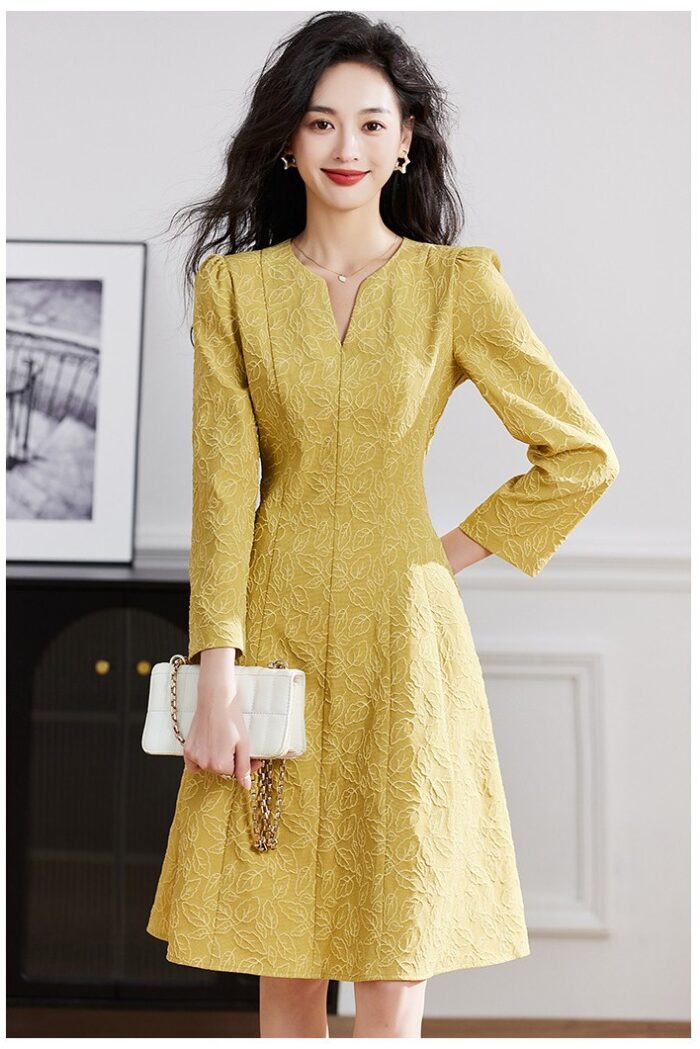 French V-neck Jacquard Dress