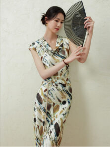 Chinese style printed waist cinching dress