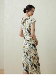 Chinese style printed waist cinching dress