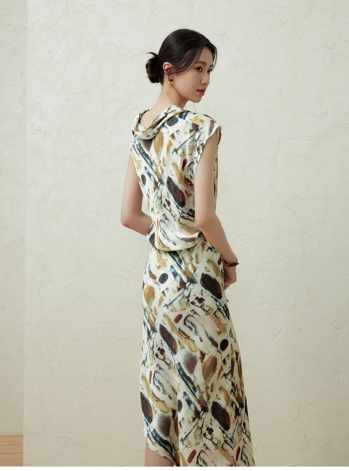 Chinese style printed waist cinching dress
