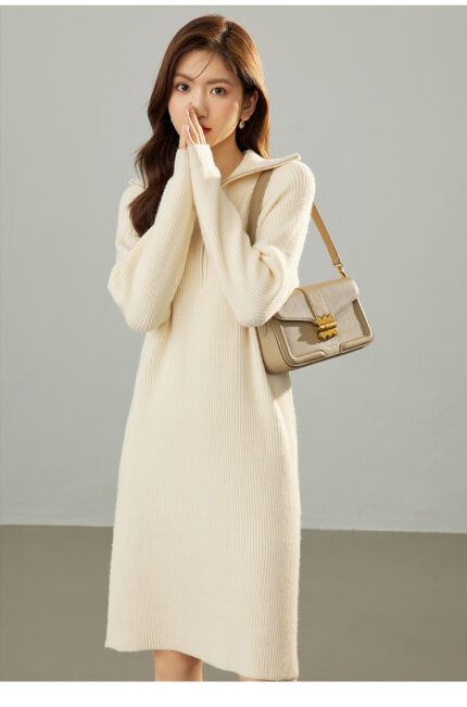 Polo collar knitted dress with high waist and slimming base A-line skirt