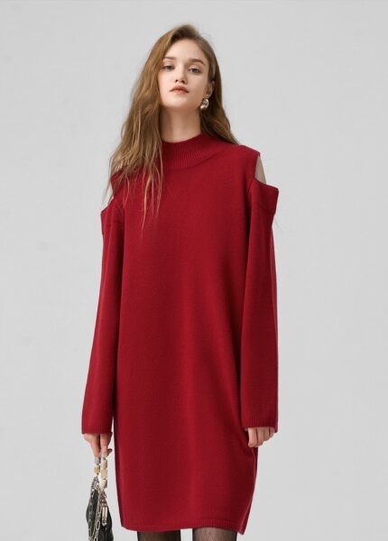 French atmosphere New Year off shoulder knitted dress