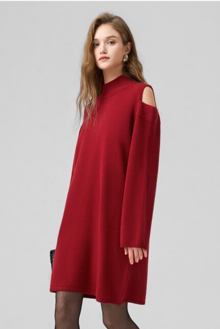 French atmosphere New Year off shoulder knitted dress