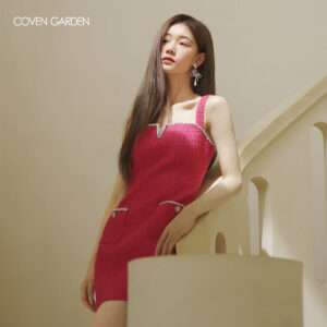 Spring and Autumn Peach Pink Small Fragrant Woolen Strap Dress