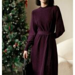 French wool dress with half high collar and tie up waist skirt