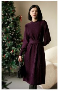 French wool dress with half high collar and tie up waist skirt