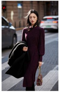 French wool dress with half high collar and tie up waist skirt