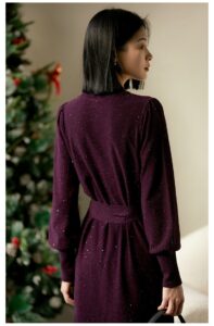 French wool dress with half high collar and tie up waist skirt