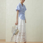 French Romantic Summer Hollow Lace Elastic Waist A-line Large Skirt Skirt