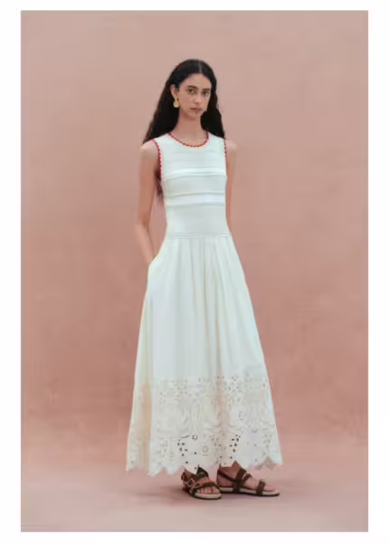 Crochet beige vest patchwork hollow embroidery dress