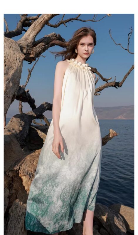 Hanging neck skirt, black fungus edge dress, loose long skirt