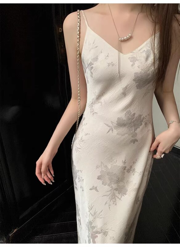 Satin hot stamping printed camisole dress