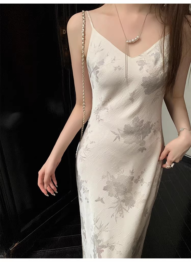 Satin hot stamping printed camisole dress!!117423063 Satin hot stamping printed camisole dress